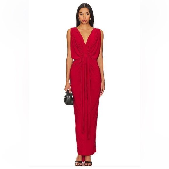 MISA Los Angeles Xenia Dress red jersey draped tie maxi Revolve $330 Sz S